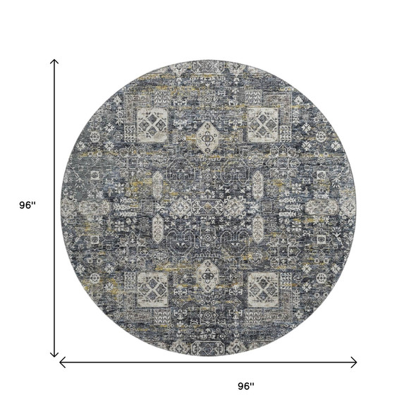 8' Charcoal Ivory And Gold Floral Washable Round Rug With UV Protection