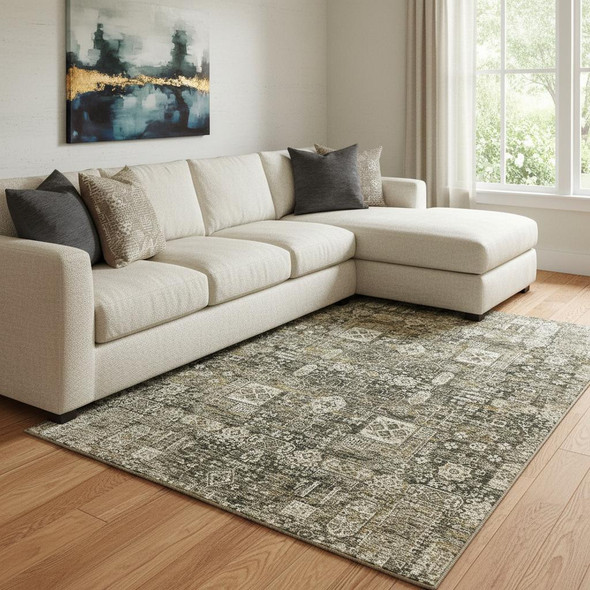 8' X 10' Coffee Ivory And Gold Floral Washable Area Rug With UV Protection