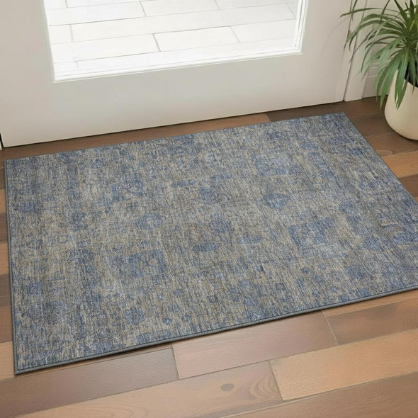 3' X 5' Khaki And Blue Floral Washable Area Rug With UV Protection