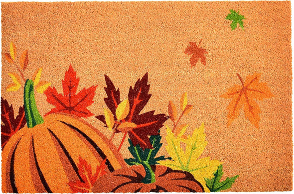 24" X 36" Brown And Natural Fall Pumpkins and Leaves Outdoor Coir Door Mat