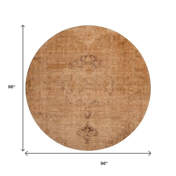8' Copper And Brown Oriental Washable Round Rug With UV Protection