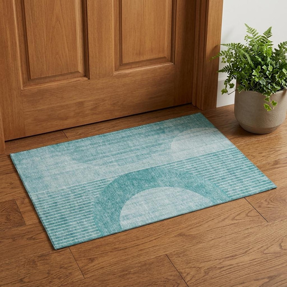 3' X 5' Teal And Ivory Geometric Washable Area Rug With UV Protection