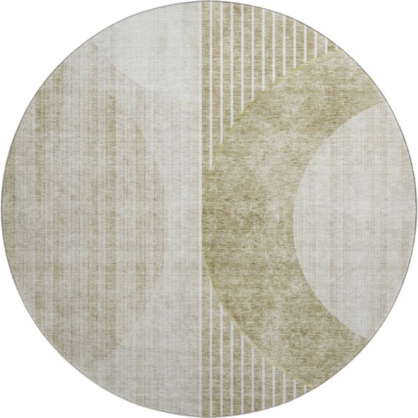 8' Taupe And Beige Geometric Washable Round Rug With UV Protection