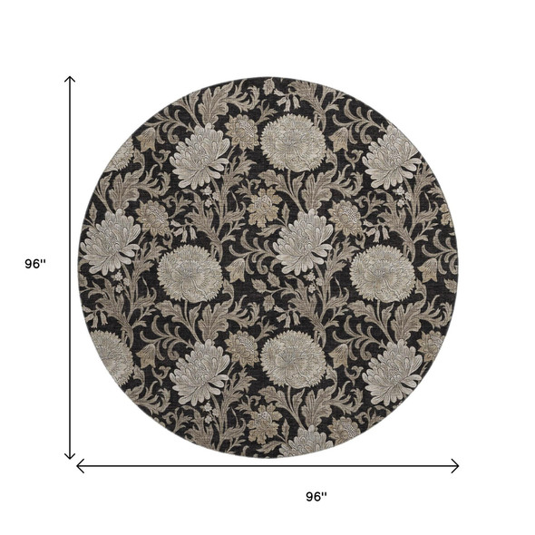 8' Black And Beige Floral Washable Round Rug With UV Protection
