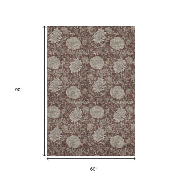 5' X 8' Merlot And Beige Floral Washable Area Rug With UV Protection