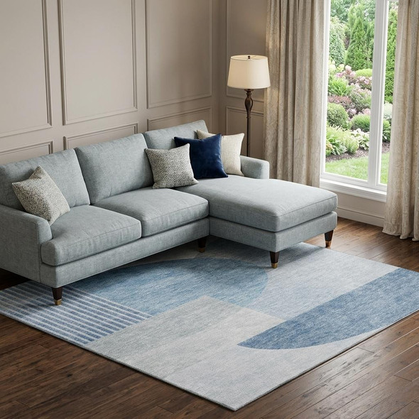 9' X 12' Blue And Ivory Geometric Washable Area Rug With UV Protection