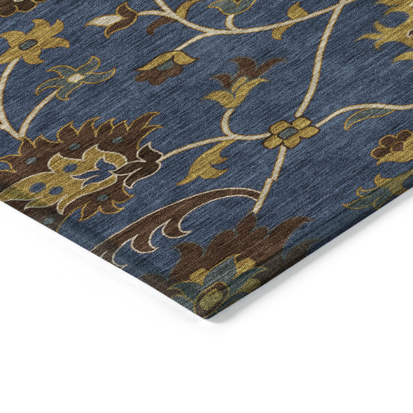 5' X 8' Navy Blue Gold And Brown Floral Washable Indoor Outdoor Area Rug