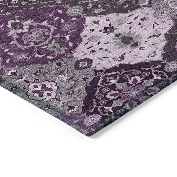 10' X 14' Purple And Ivory Floral Medallion Washable Indoor Outdoor Area Rug