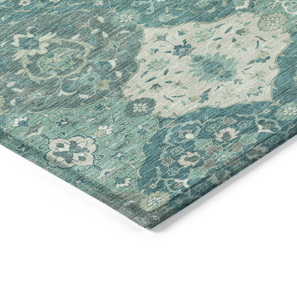 3' X 5' Teal Blue And Ivory Floral Medallion Washable Indoor Outdoor Area Rug