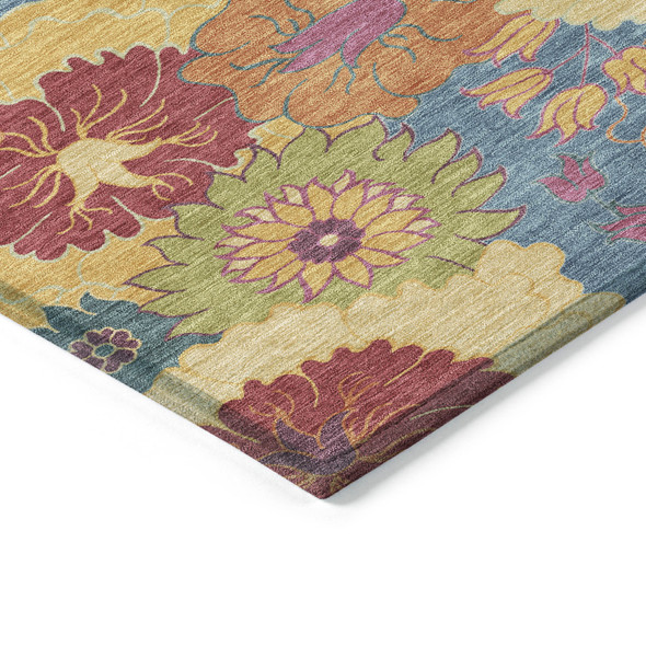 8' X 10' Blue Gold And Pink Floral Washable Indoor Outdoor Area Rug