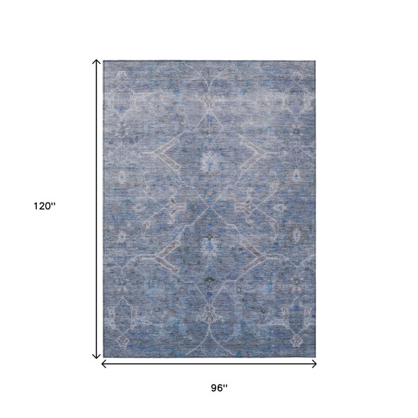 8' X 10' Blue And Gray Floral Washable Indoor Outdoor Area Rug