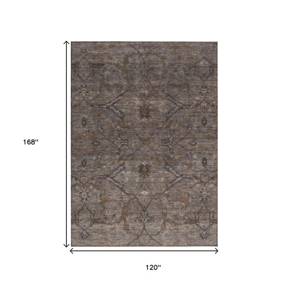 10' X 14' Brown And Taupe Floral Washable Indoor Outdoor Area Rug