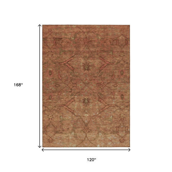 10' X 14' Terra Cotta And Taupe Floral Washable Indoor Outdoor Area Rug