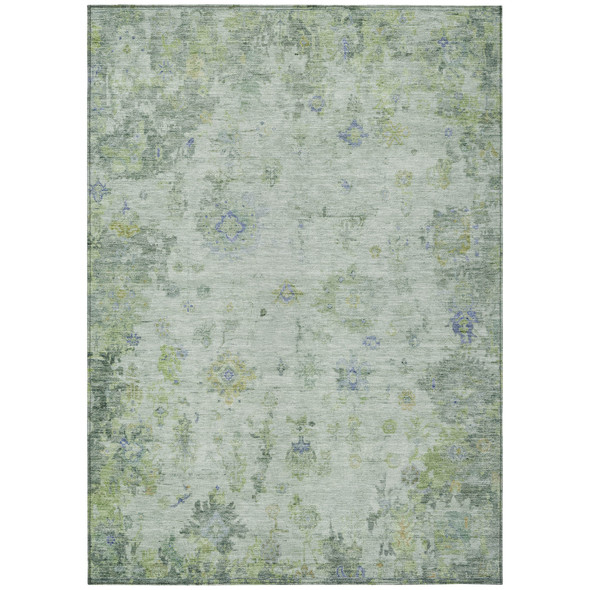 9' X 12' Artichoke Green And Blue Floral Washable Indoor Outdoor Area Rug