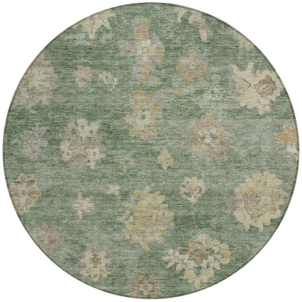 8' Fern Green And Beige Round Floral Washable Indoor Outdoor Area Rug