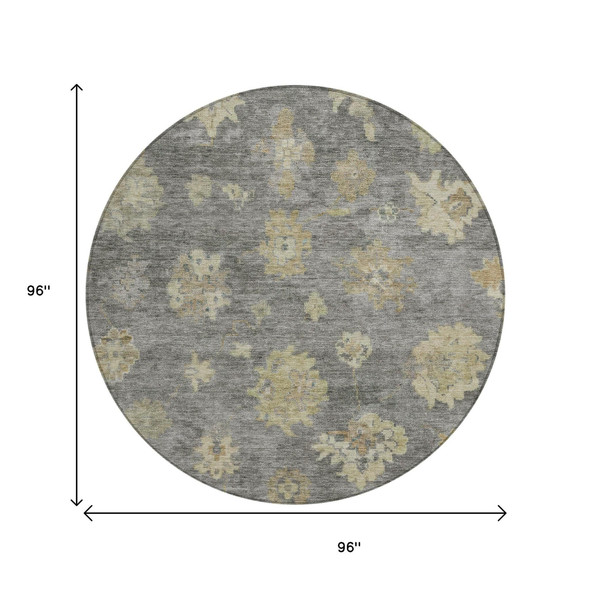 8' Pewter Gold And Beige Round Floral Washable Indoor Outdoor Area Rug