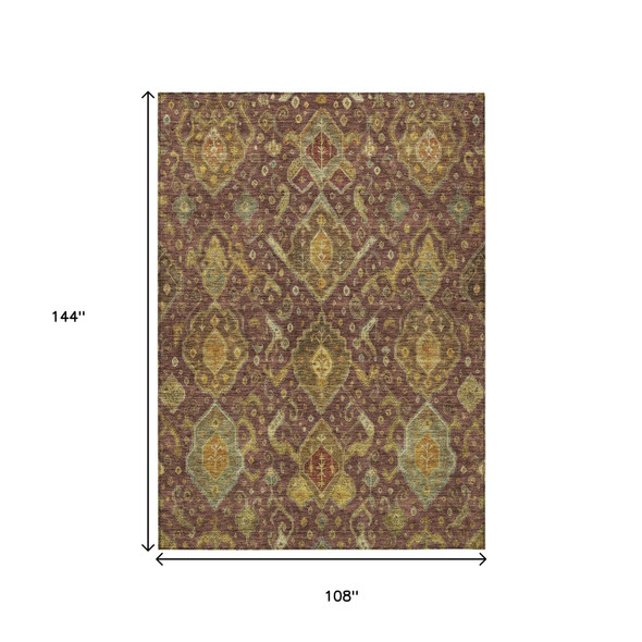 9' X 12' Burgundy Gold And Copper Ikat Washable Indoor Outdoor Area Rug