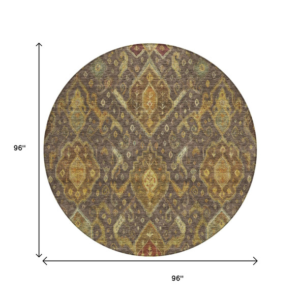 8' Chocolate Gold And Burgundy Round Ikat Washable Indoor Outdoor Area Rug