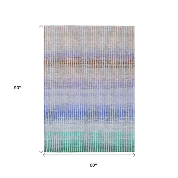 5' X 8' Green Lavender And Teal Blue Striped Washable Indoor Outdoor Area Rug
