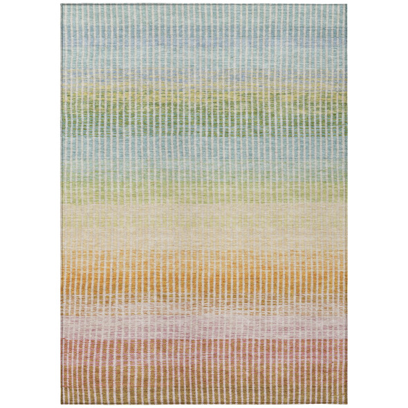 3' X 5' Salmon Blue And Peach Striped Washable Indoor Outdoor Area Rug