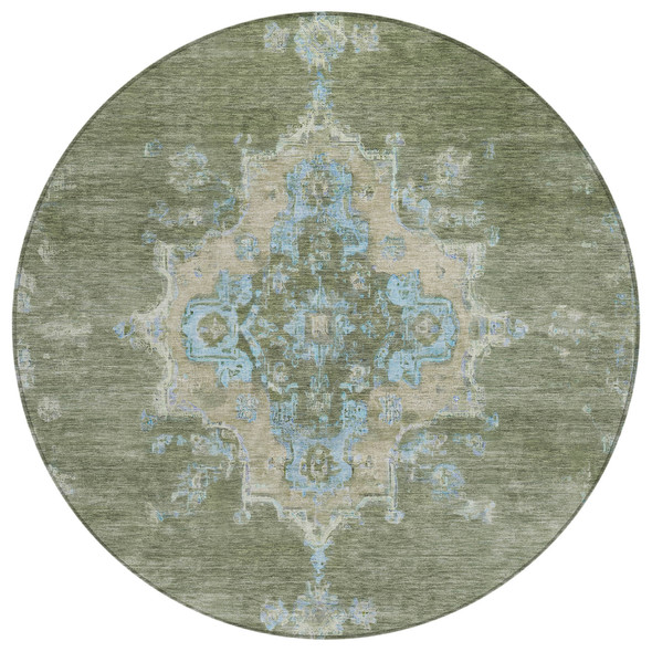8' Fern Green And Blue Round Medallion Washable Indoor Outdoor Area Rug