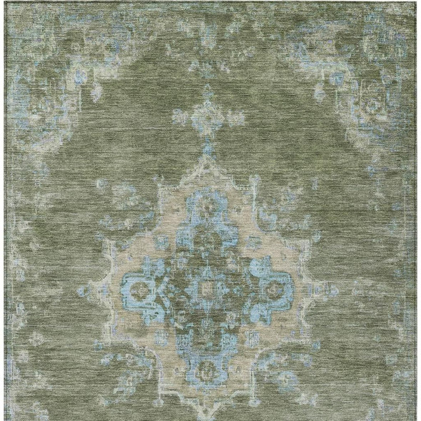 10' X 14' Fern Green And Blue Medallion Washable Indoor Outdoor Area Rug