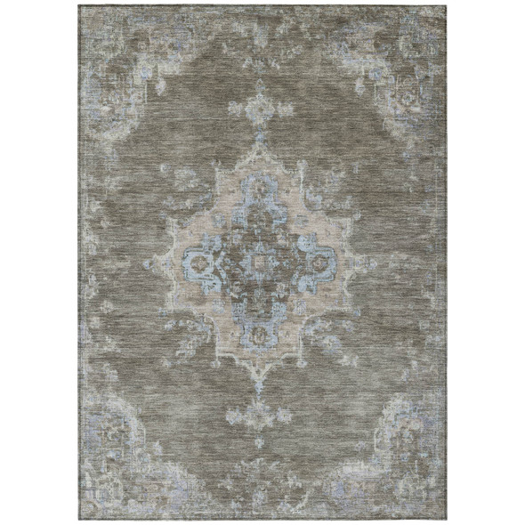 5' X 8' Brown Beige And Blue Medallion Washable Indoor Outdoor Area Rug