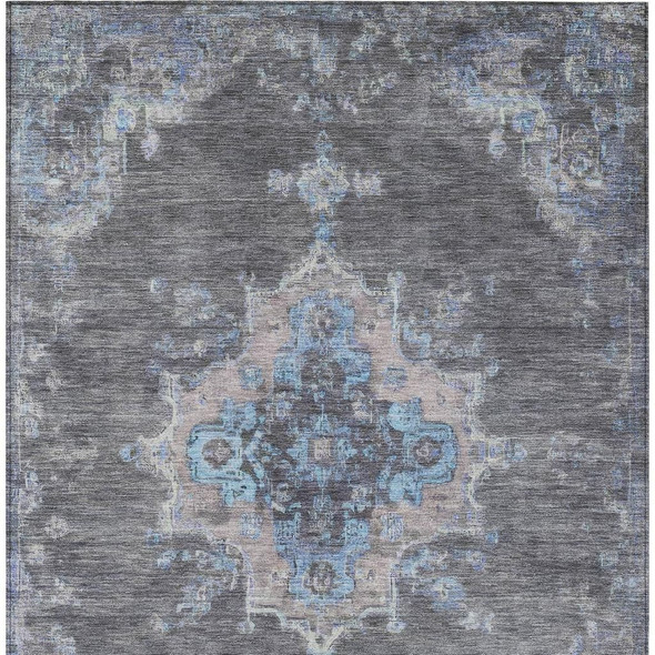 3' X 5' Graphite And Blue Medallion Washable Indoor Outdoor Area Rug