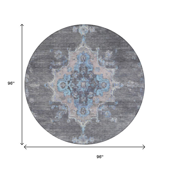 8' Graphite And Blue Round Medallion Washable Indoor Outdoor Area Rug