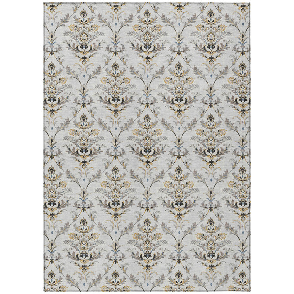 9' X 12' Silver Blue And Gray Damask Washable Indoor Outdoor Area Rug