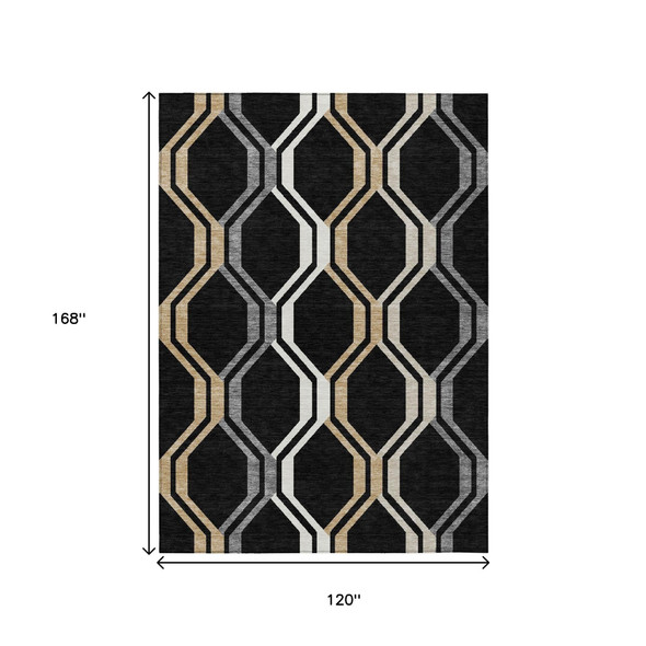 10' X 14' Black Beige And Gray Geometric Washable Indoor Outdoor Area Rug
