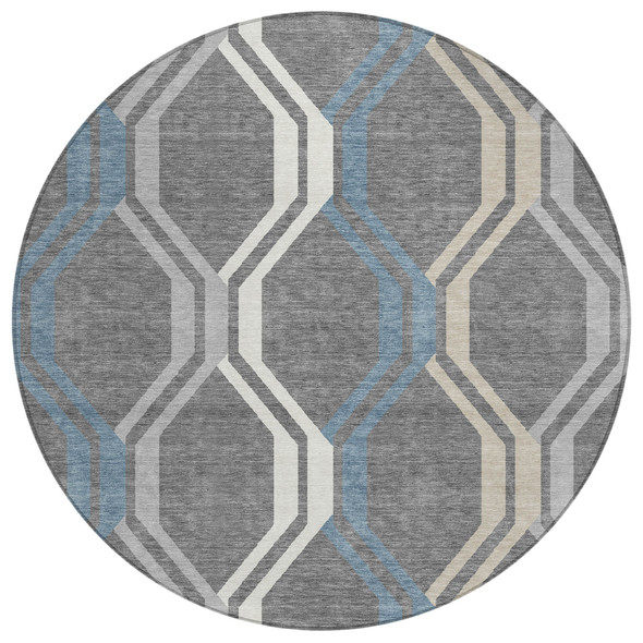 8' Gray Blue And Ivory Round Geometric Washable Indoor Outdoor Area Rug