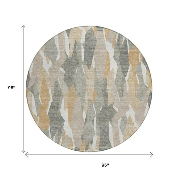 8' Pewter Wheat And Ivory Round Striped Washable Indoor Outdoor Area Rug