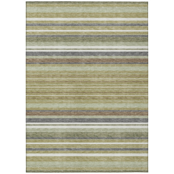 10' X 14' Artichoke Green Pewter And Ivory Striped Washable Indoor Outdoor Area Rug