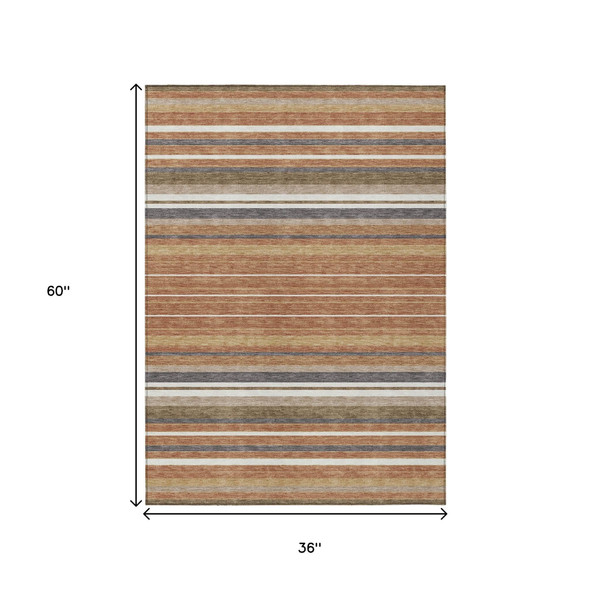 3' X 5' Chili Red Ivory And Gold Striped Washable Indoor Outdoor Area Rug