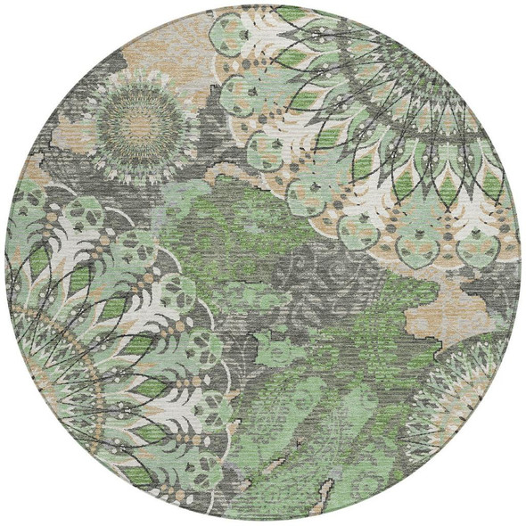 8' Green Ivory And Gold Round Paisley Washable Indoor Outdoor Area Rug