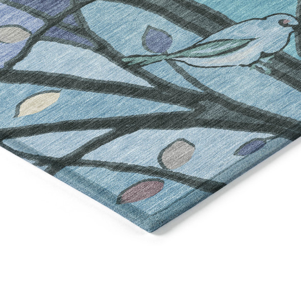 5' X 8' Blue Beige And Khaki Botanical Leaves Washable Indoor Outdoor Area Rug
