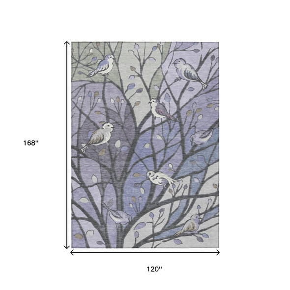 10' X 14' Purple Blue And Sage Botanical Leaves Washable Indoor Outdoor Area Rug