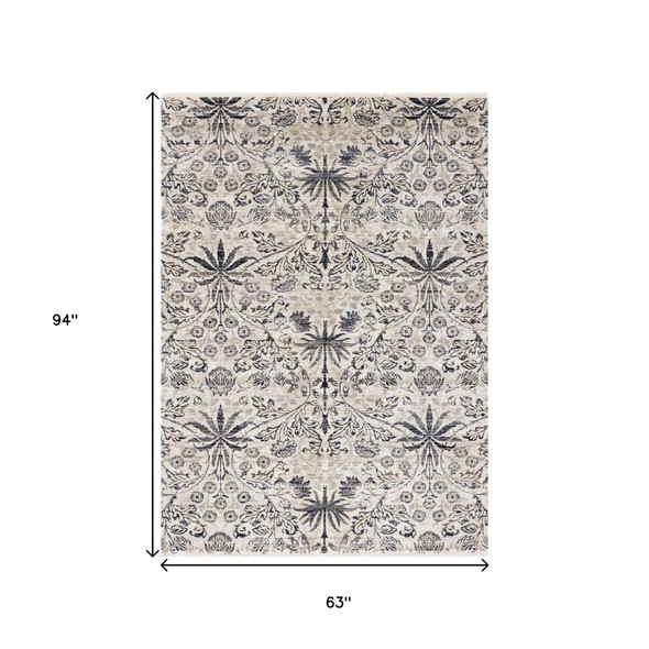 5' X 8' Cream And Blue Floral Medallion Area Rug