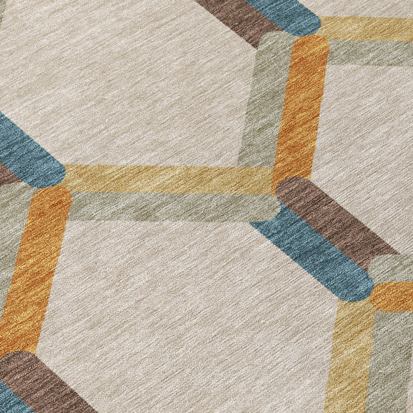 8' Beige Wheat And Blue Round Geometric Washable Indoor Outdoor Area Rug
