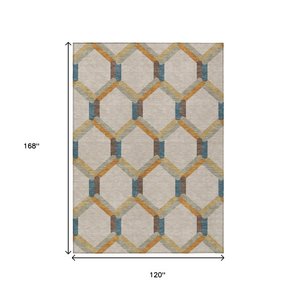 10' X 14' Beige Wheat And Blue Geometric Washable Indoor Outdoor Area Rug