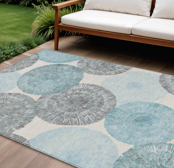 8' X 10' Teal Blue Ivory And Gray Abstract Washable Indoor Outdoor Area Rug