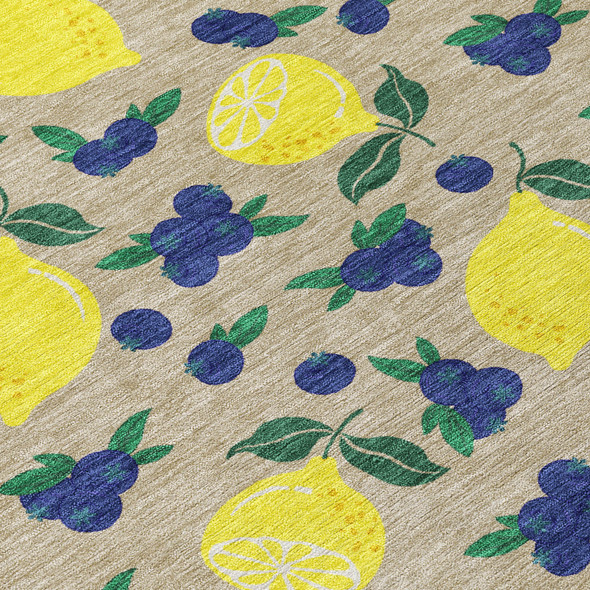 8' Stone Yellow And Blue Round Lemons Washable Indoor Outdoor Area Rug