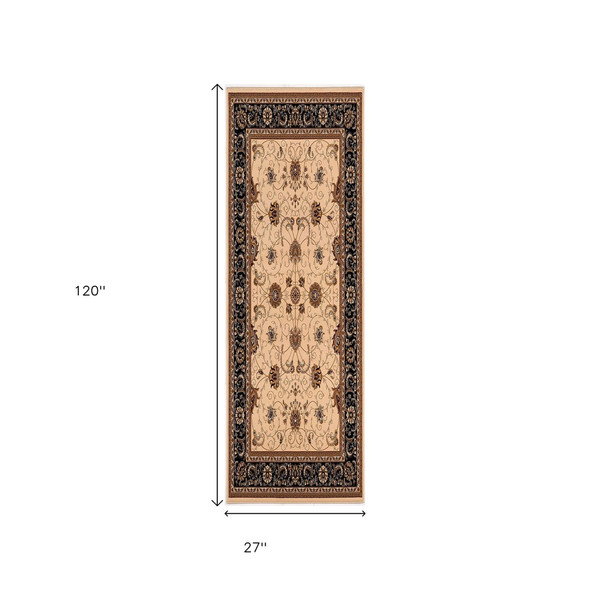 10' Black And Ivory Oriental Runner Rug