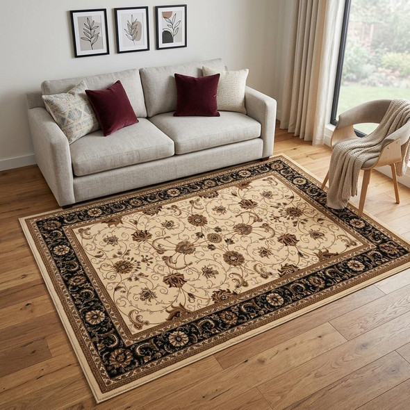 5' X 8' Black And Ivory Oriental Area Rug