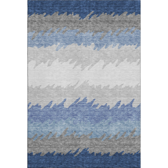 5' X 8' Navy Blue Gray And Silver Striped Washable Area Rug With UV Protection