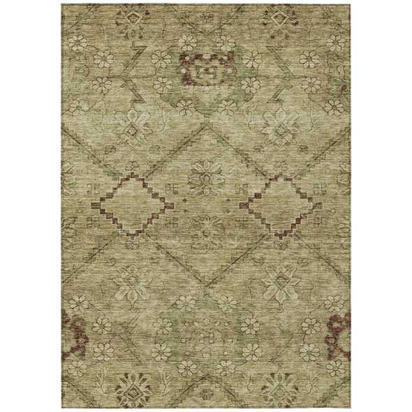 9' X 12' Brown Beige And Artichoke Green Floral Washable Indoor Outdoor Area Rug