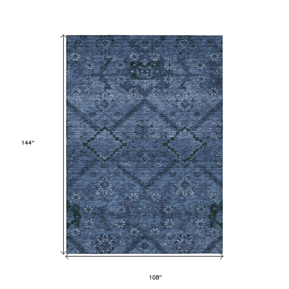 9' X 12' Navy Blue And Denim Blue Floral Washable Indoor Outdoor Area Rug
