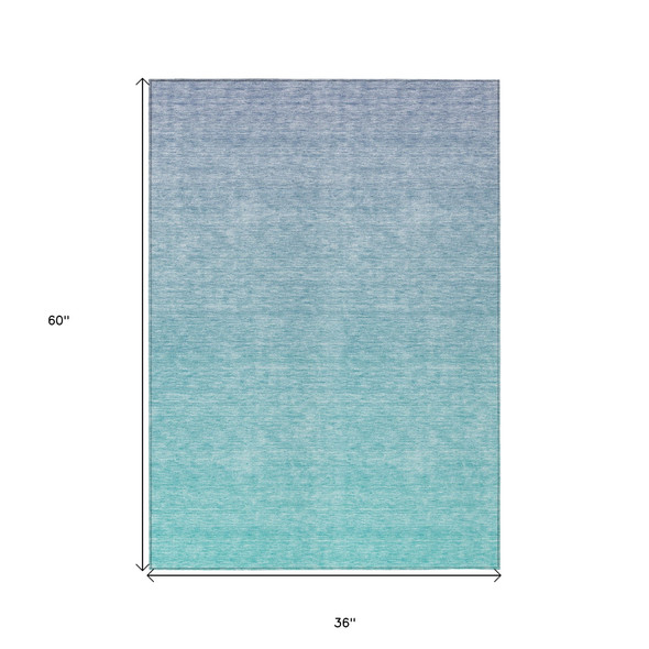 3' X 5' Sky Blue And Teal Blue Ombre Washable Indoor Outdoor Area Rug