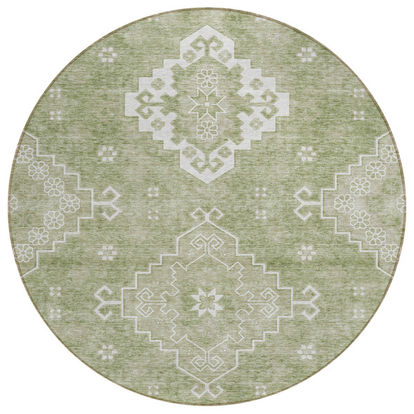 8' Artichoke Green Beige And Ivory Round Medallion Washable Indoor Outdoor Area Rug
